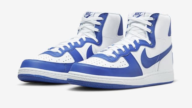 Side view of blue and white Nike Terminator shoes.